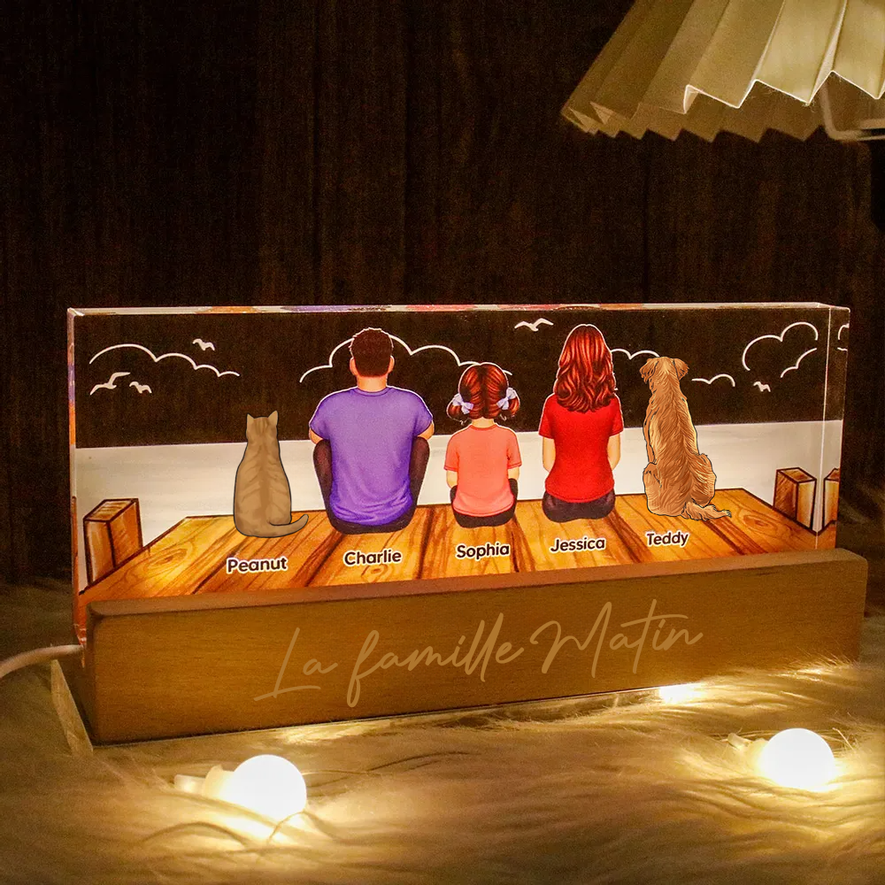 Veilleuse LED personnalisée avec famille, chat et chien – Cadeau pour papa, maman, papi et mamie