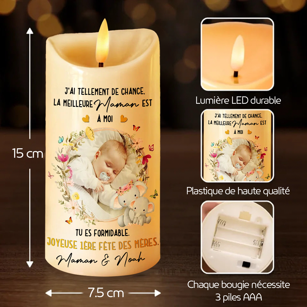 Bougie LED « La meilleure maman est à moi » avec photo et texte – Cadeau pour jeune maman