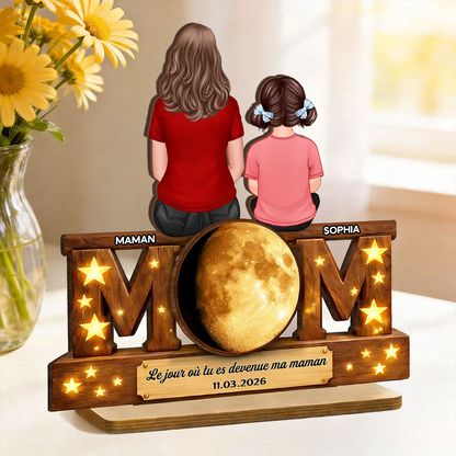 « Le jour où tu es devenue ma maman » – Décoration en bois personnalisé « MOM » avec phase de lune – Cadeau pour maman