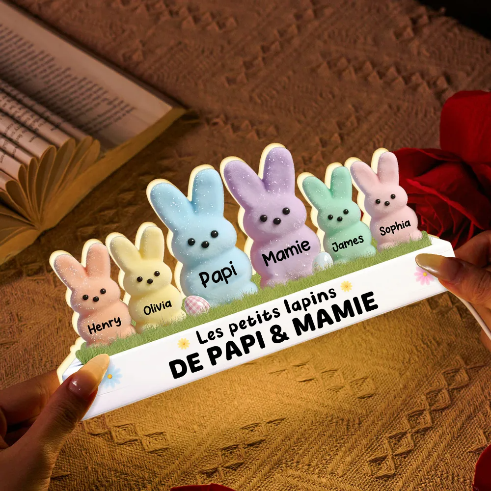 Lapins de Pâques pour mamie et papi – Boîte lumineuse LED personnalisée avec les prénoms des petits-enfants | Cadeau de Pâques pour grands-parents