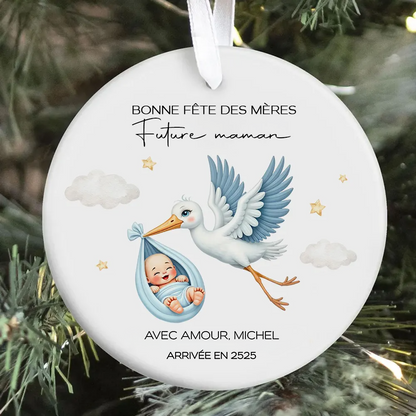 Cigogne et bébé adorables – Cadeau personnalisé pour future maman, pendentif en céramique