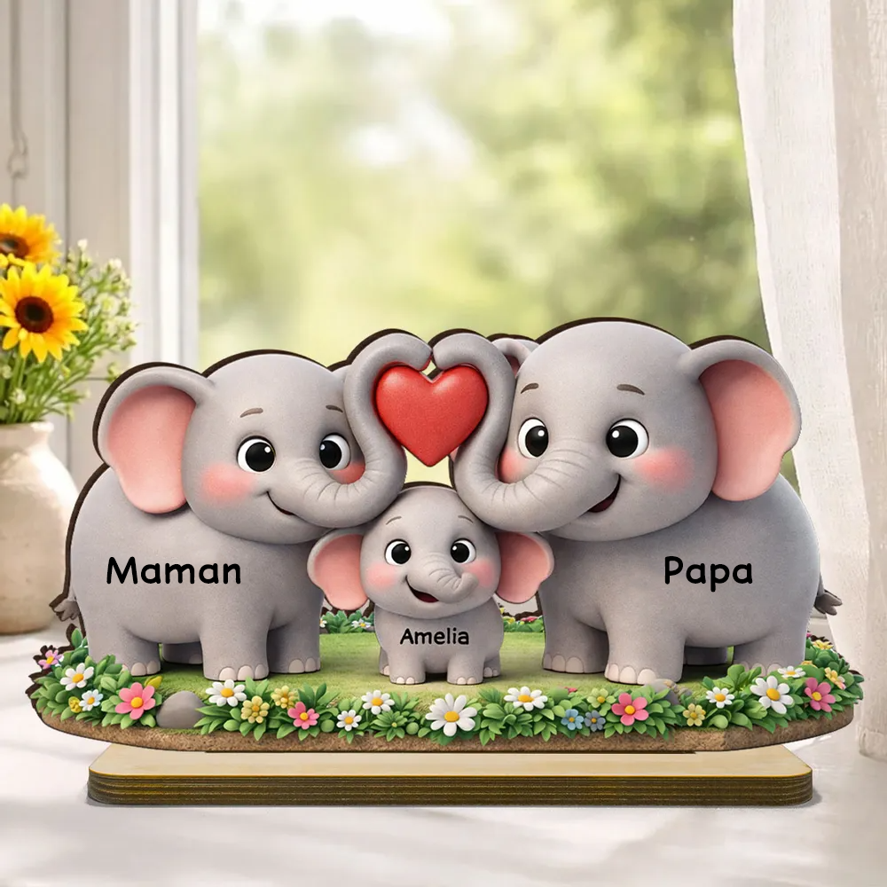 Famille d’éléphants – Présentoir en bois personnalisé avec prénoms – Cadeau pour maman et papa
