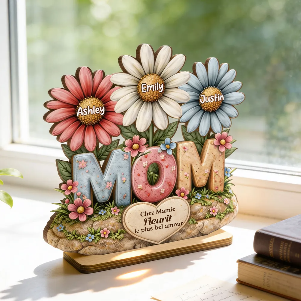Décoration en bois personnalisé « MOM » avec fleurs – Cadeau pour maman et mamie