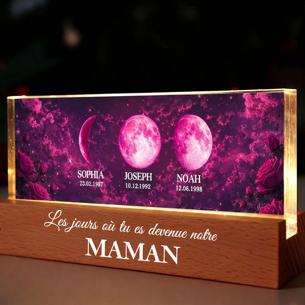 « Ces jours-là, tu es devenue notre maman » – Veilleuse LED personnalisée avec phases de lune et texte