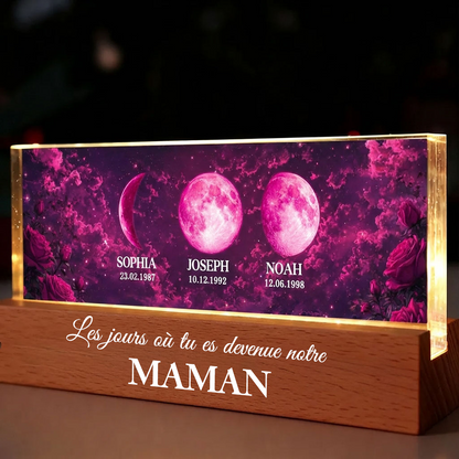 « Ces jours-là, tu es devenue notre maman » – Veilleuse LED personnalisée avec phases de lune et texte