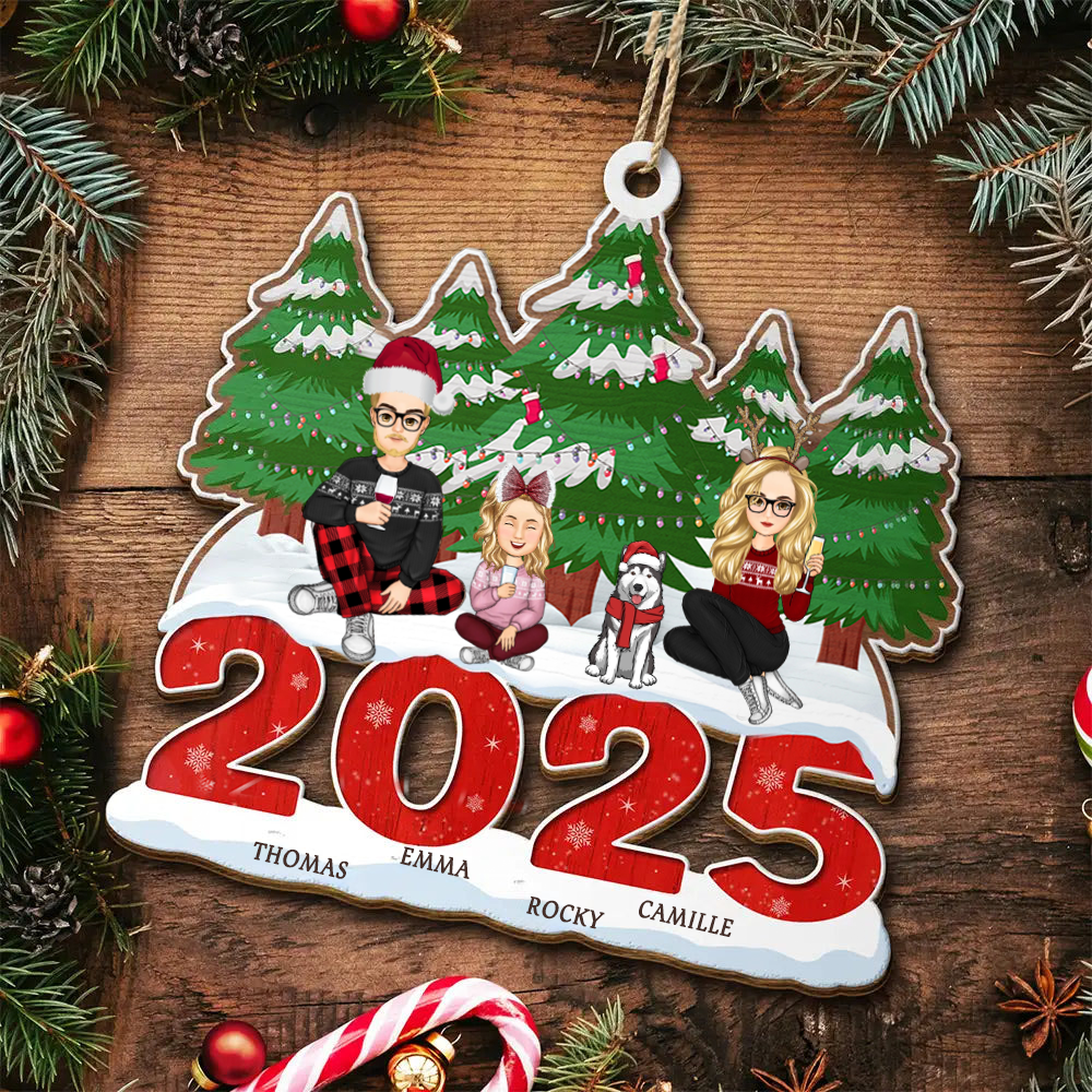 Noël en Famille Orement en Bois Personnalisée 2025 avec Chien et Chat