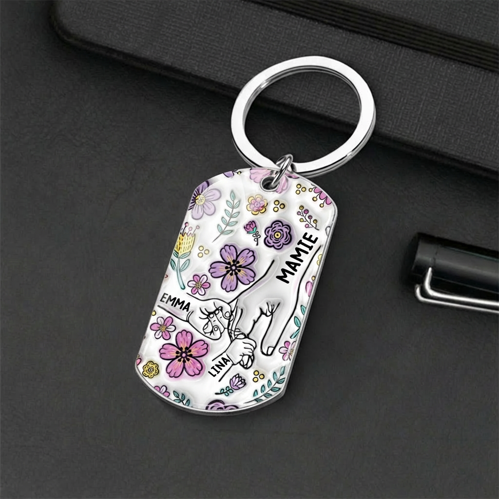 Main dans la main – Porte-clés photo personnalisé en acier inoxydable avec résine époxy – Cadeau pour mamie et maman