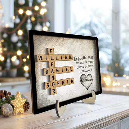 Plaque en bois personnalisée à 2 couches avec noms de famille en mots croisés