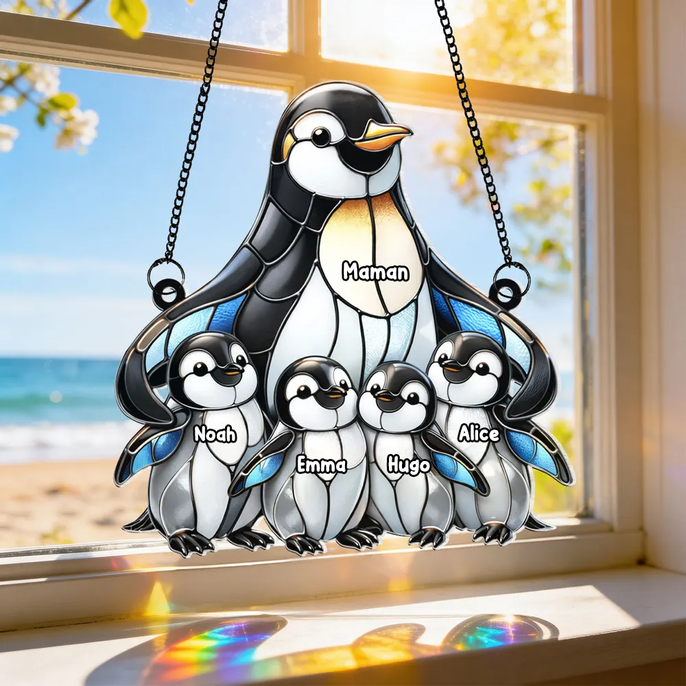 Maman / mamie pingouin avec enfants – Ornement attrape-soleil personnalisé avec prénoms