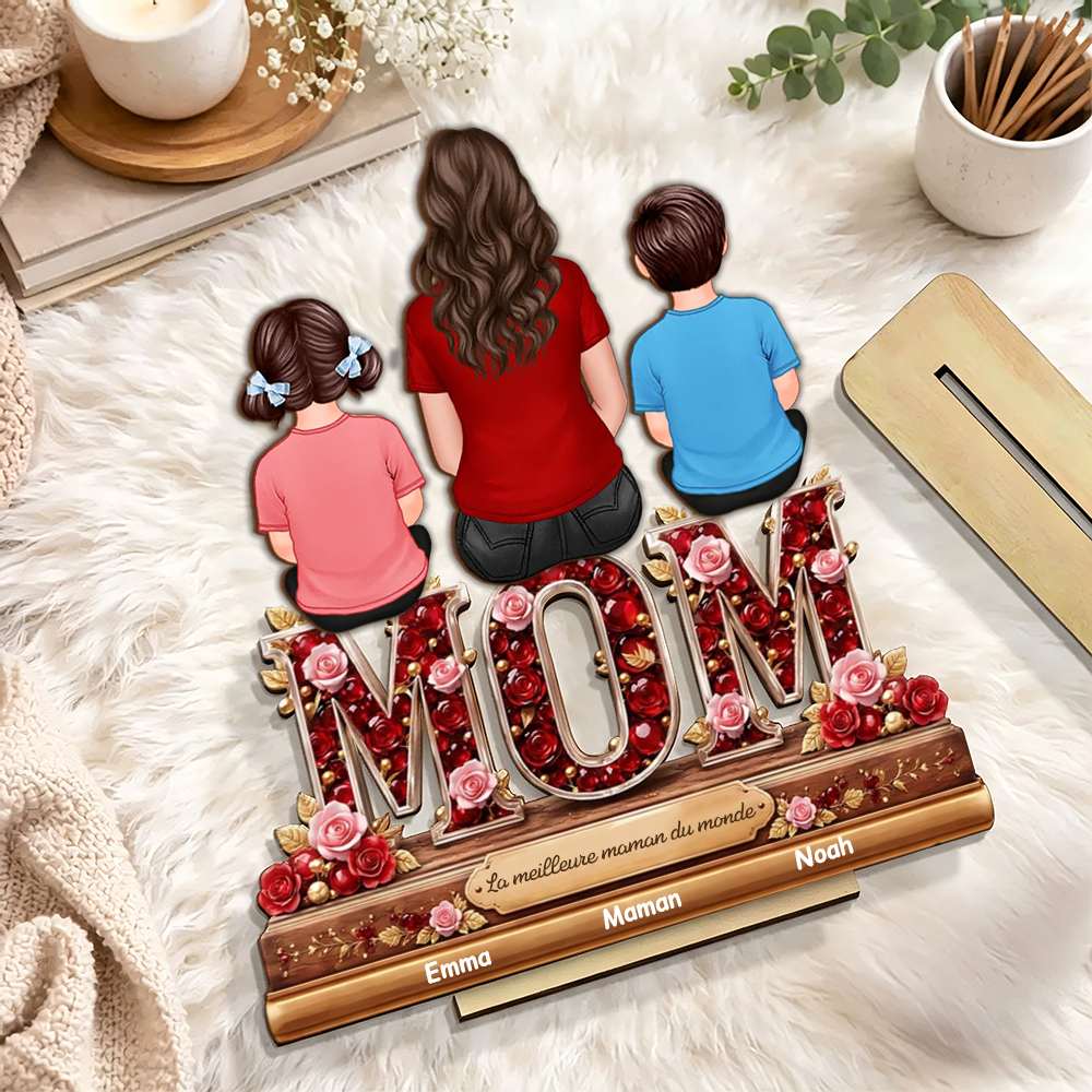 « MAMAN, MAMIE, MOM » – Présentoir en bois personnalisé avec femme et enfants