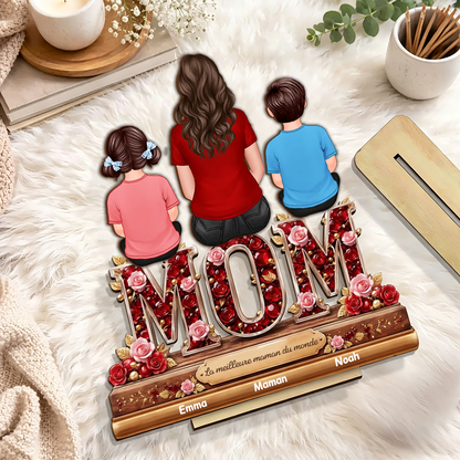 « MAMAN, MAMIE, MOM » – Présentoir en bois personnalisé avec femme et enfants