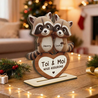 Couple de ratons laveurs – Présentoir en bois personnalisé avec prénoms