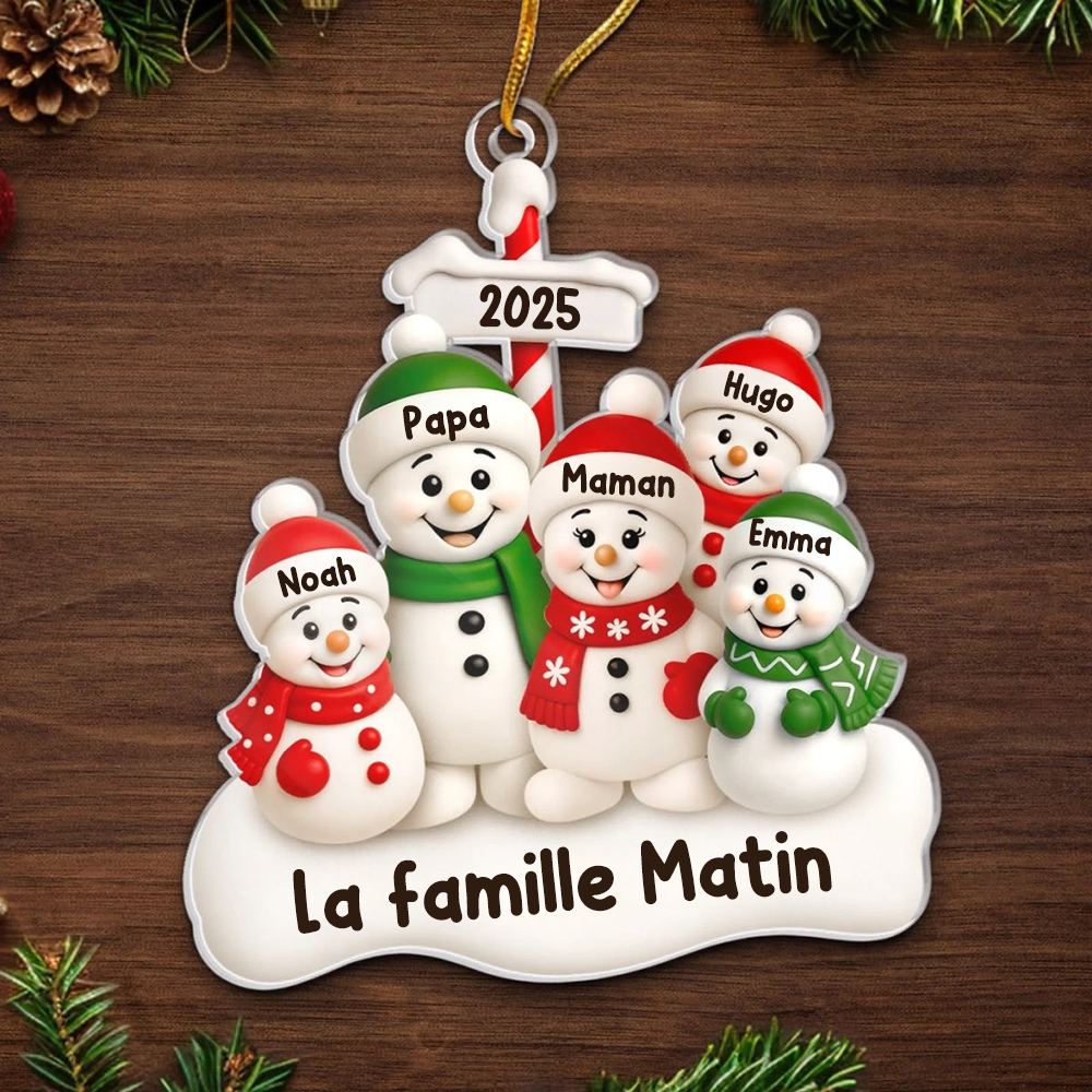 Orement en acrylique avec famille de bonhommes de neige Décoration de Noël personnalisée avec parents et 1 à 4 enfants