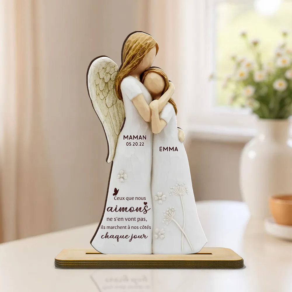 Fille avec maman ange / papa ange – Présentoir en bois personnalisé avec prénom – Cadeau commémoratif