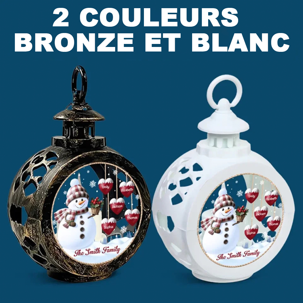 Bonhomme de neige et cœurs - Lanterne ornementale personnalisée à lumière de bougie