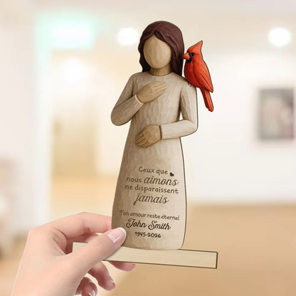 Femme et cardinal rouge – Présentoir en bois personnalisé – Cadeau commémoratif