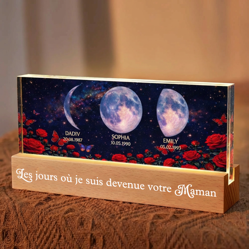 Roses et phases de lune – Veilleuse LED personnalisée avec texte et phases lunaires – Cadeau pour maman et mamie