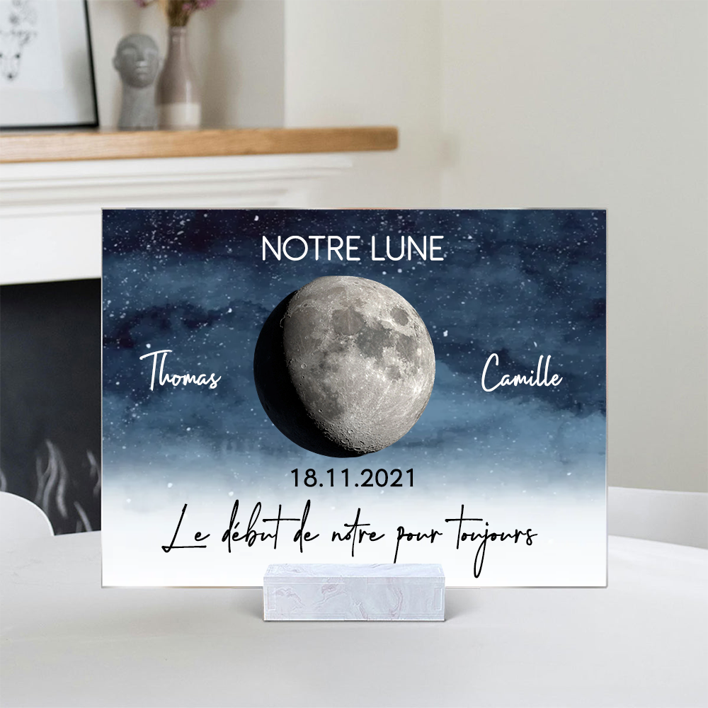 Notre Lune – Bloc en acrylique personnalisé avec phase de lune, cadeau pour couple