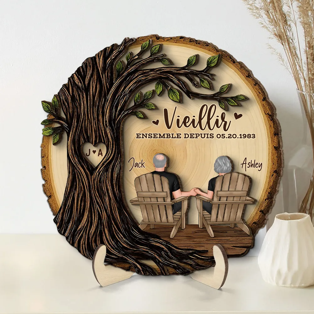 Couple sous un arbre – Présentoir en bois personnalisé avec année, numéro et texte – Cadeau d’anniversaire de mariage