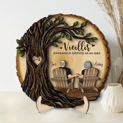 Couple sous un arbre – Présentoir en bois personnalisé avec année, numéro et texte – Cadeau d’anniversaire de mariage