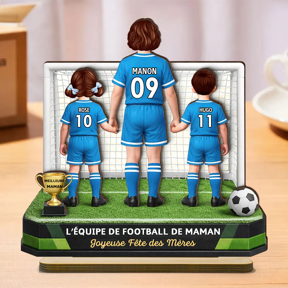 « L’équipe de football de maman » – Présentoir en bois personnalisé avec femme et enfants