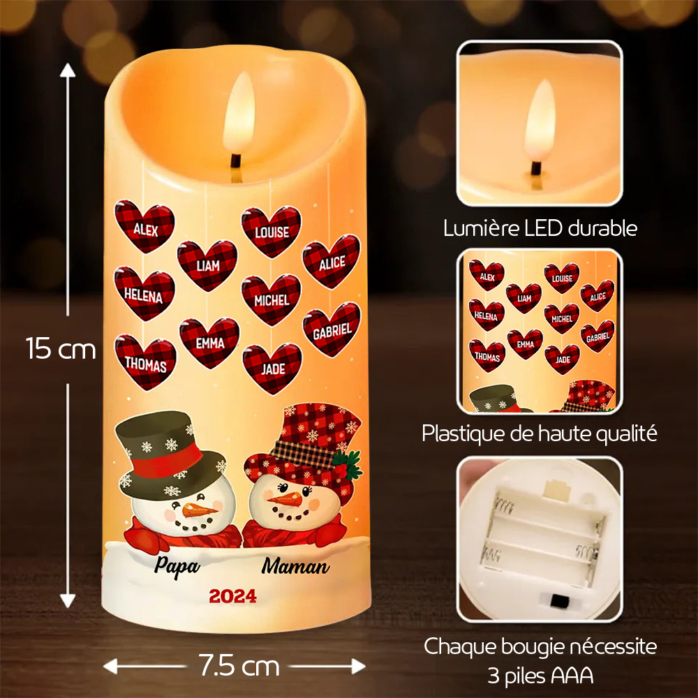 Bougie LED personnalisée avec noms – Couple de bonshommes de neige et cœurs