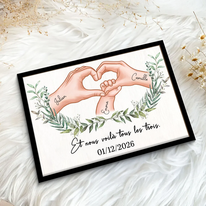 Plaque en bois personnalisée avec motif main dans la main – Cadeau pour jeune maman et jeune papa