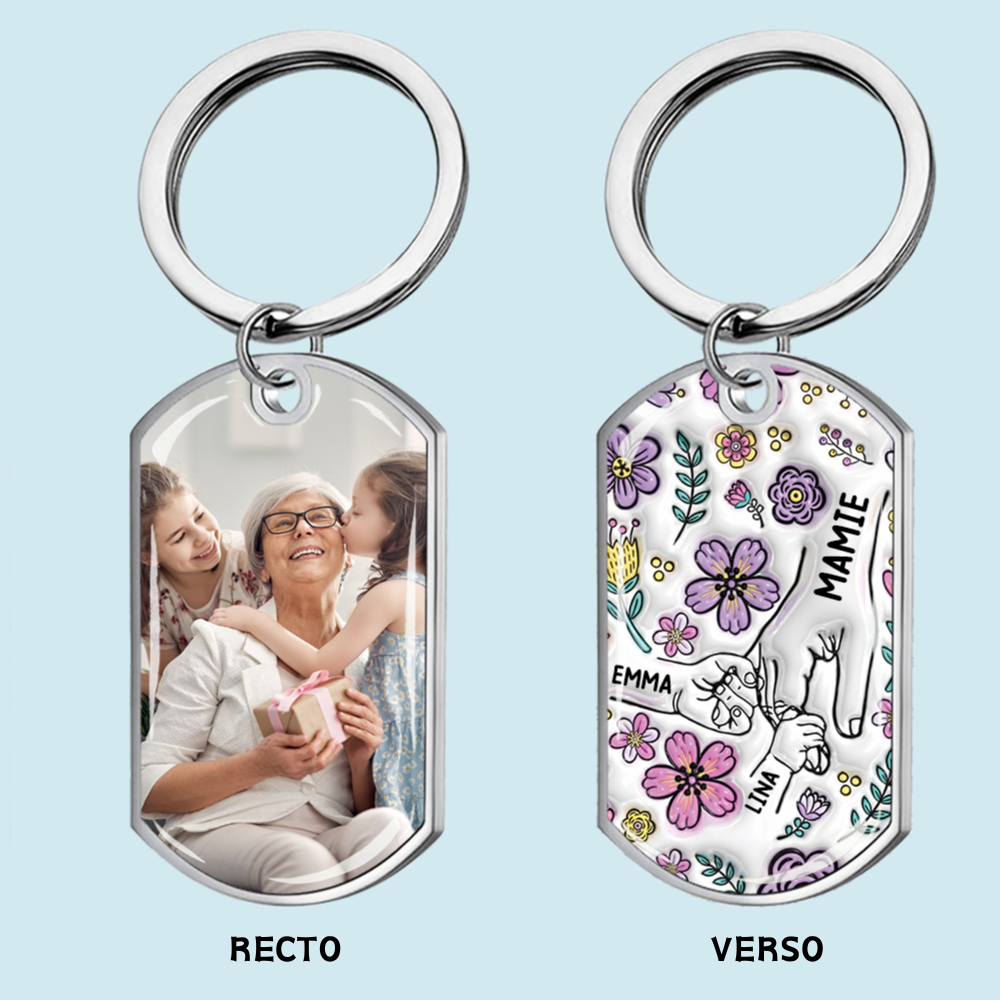 Main dans la main – Porte-clés photo personnalisé en acier inoxydable avec résine époxy – Cadeau pour mamie et maman
