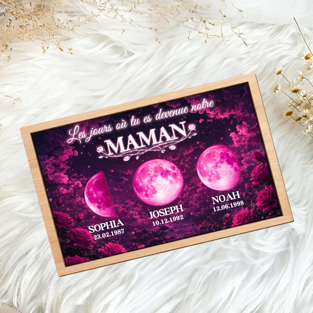 « Ces jours-là, tu es devenue notre maman » – Présentoir en bois personnalisé avec phases de lune