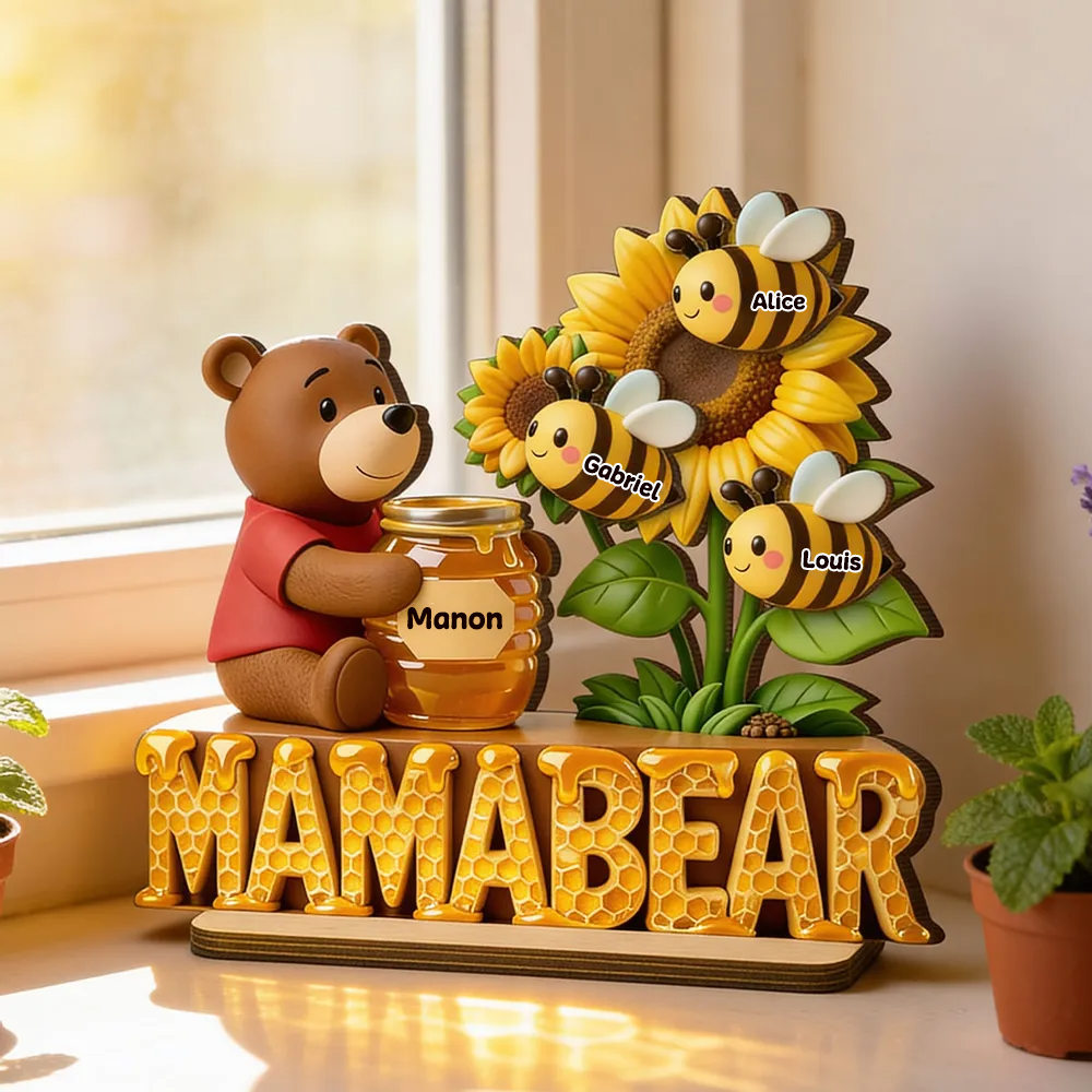 Décoration en bois personnalisé « Maman Ourse » avec abeilles – Cadeau pour maman et Papa