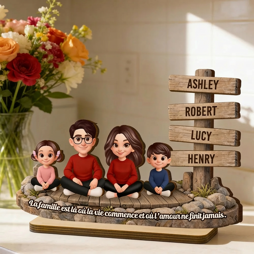 Décoration en bois personnalisé avec famille, chien et chat