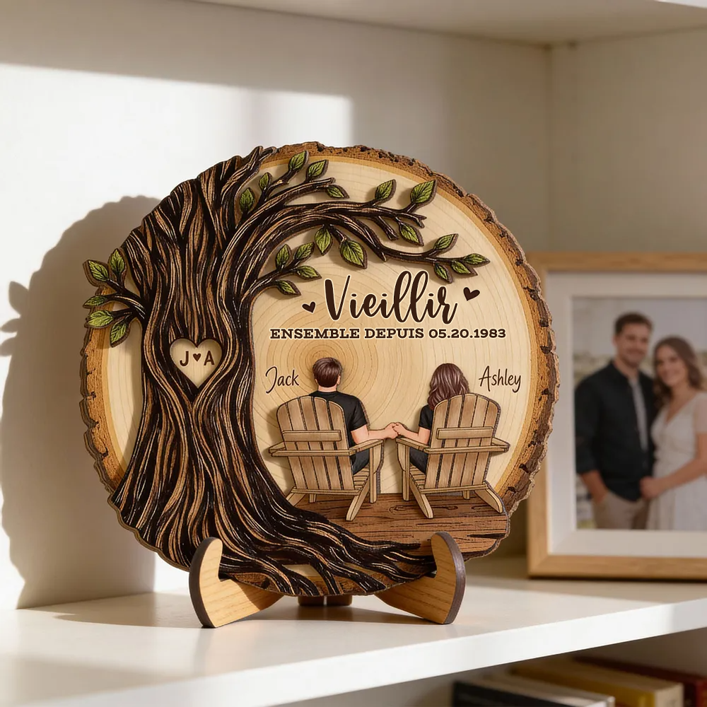 Couple sous un arbre – Présentoir en bois personnalisé avec année, numéro et texte – Cadeau d’anniversaire de mariage