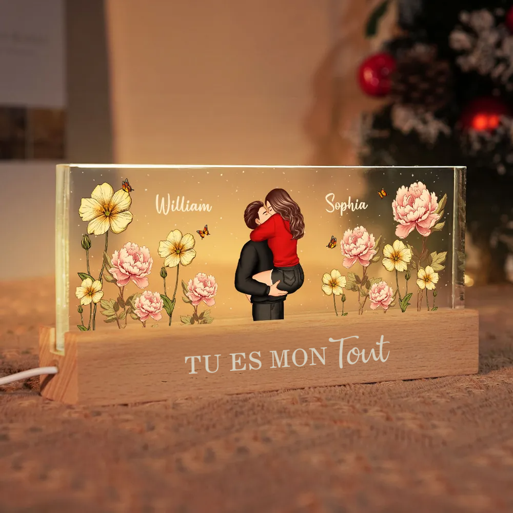 Veilleuse LED personnalisée avec couple et fleurs de naissance