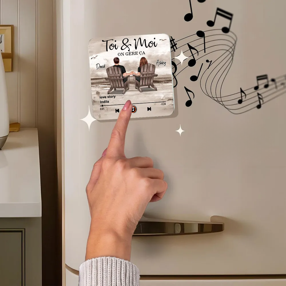 Aimant musical pour réfrigérateur avec 2 personnages, noms et citation Cadeau pour couple