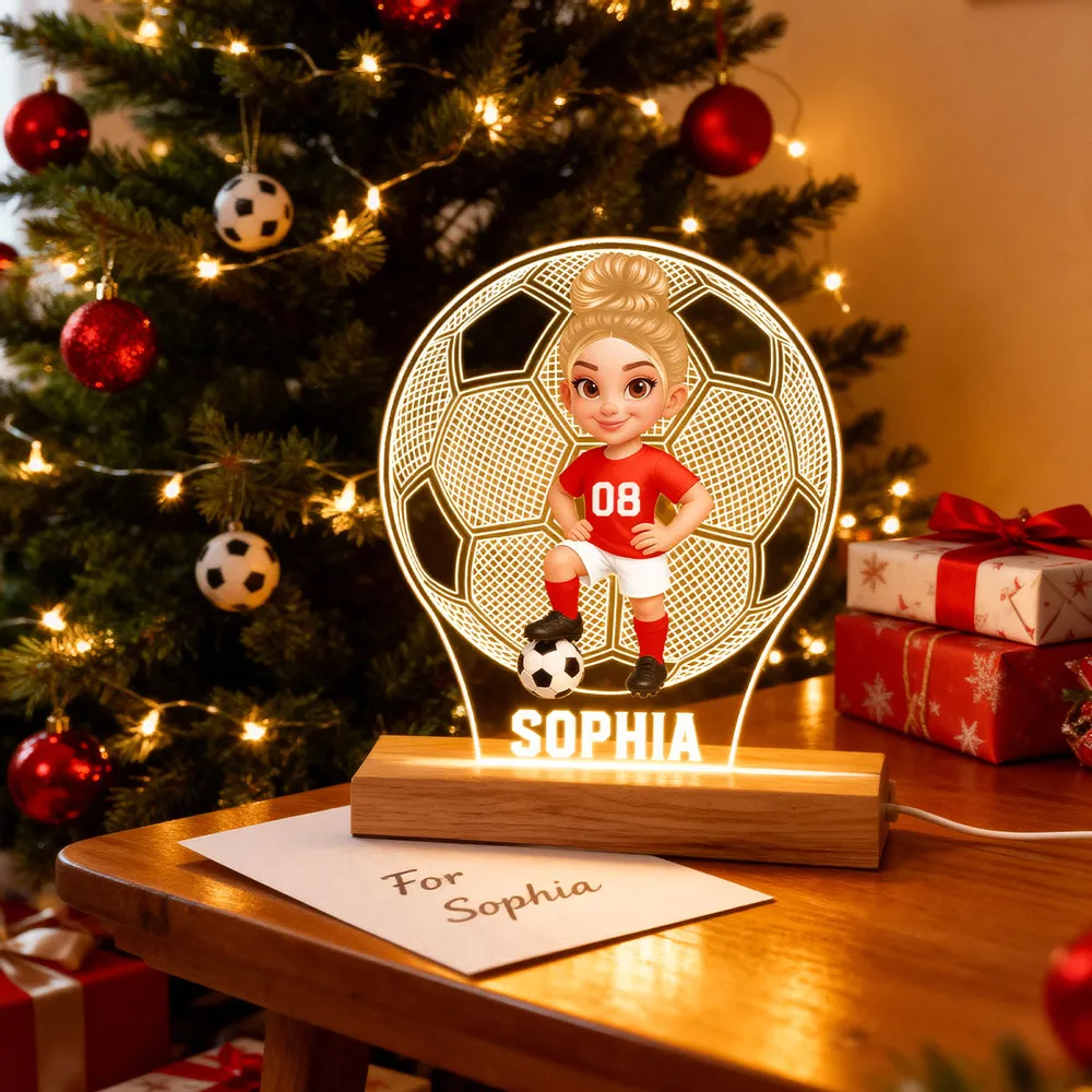 Enfant footballeur – Veilleuse LED personnalisée avec figurine et prénom – Cadeau pour fille et garçon