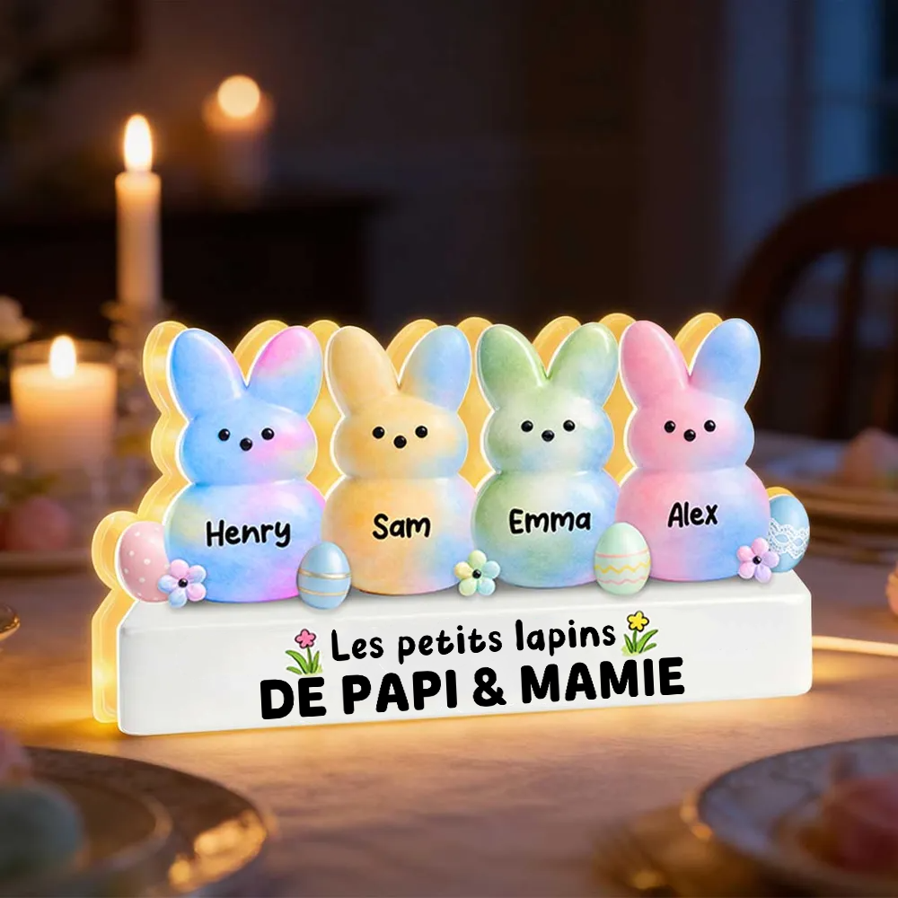 Lapins de Pâques colorés pour mamie et papi – Boîte lumineuse LED personnalisée avec les prénoms des petits-enfants | Cadeau de Pâques pour grands-parents