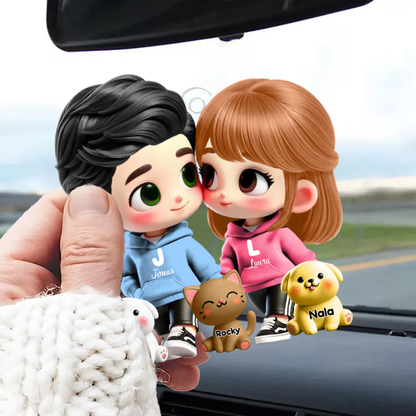 Pendentif de voiture personnalisé avec couple cartoon et animaux de compagnie – Cadeau pour couple