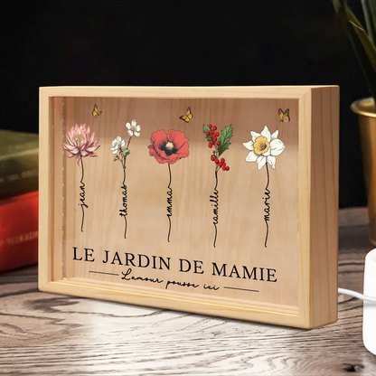 Jardin de mamie – Boîte lumineuse cadre en bois personnalisée avec fleurs de naissance et texte, pour mamie et maman