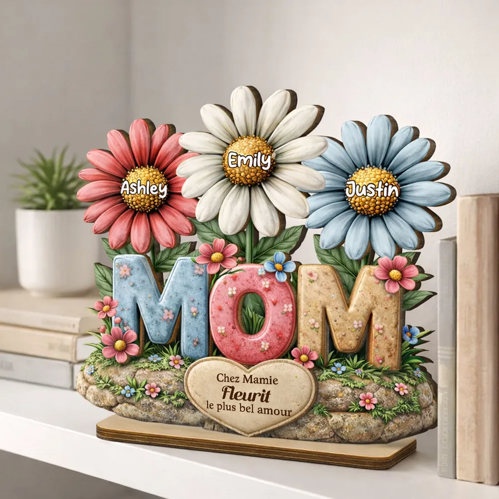 Décoration en bois personnalisé « MOM » avec fleurs – Cadeau pour maman et mamie
