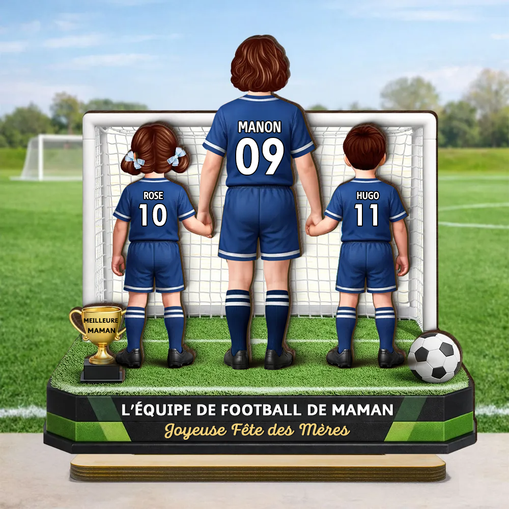 « L’équipe de football de maman » – Présentoir en bois personnalisé avec femme et enfants