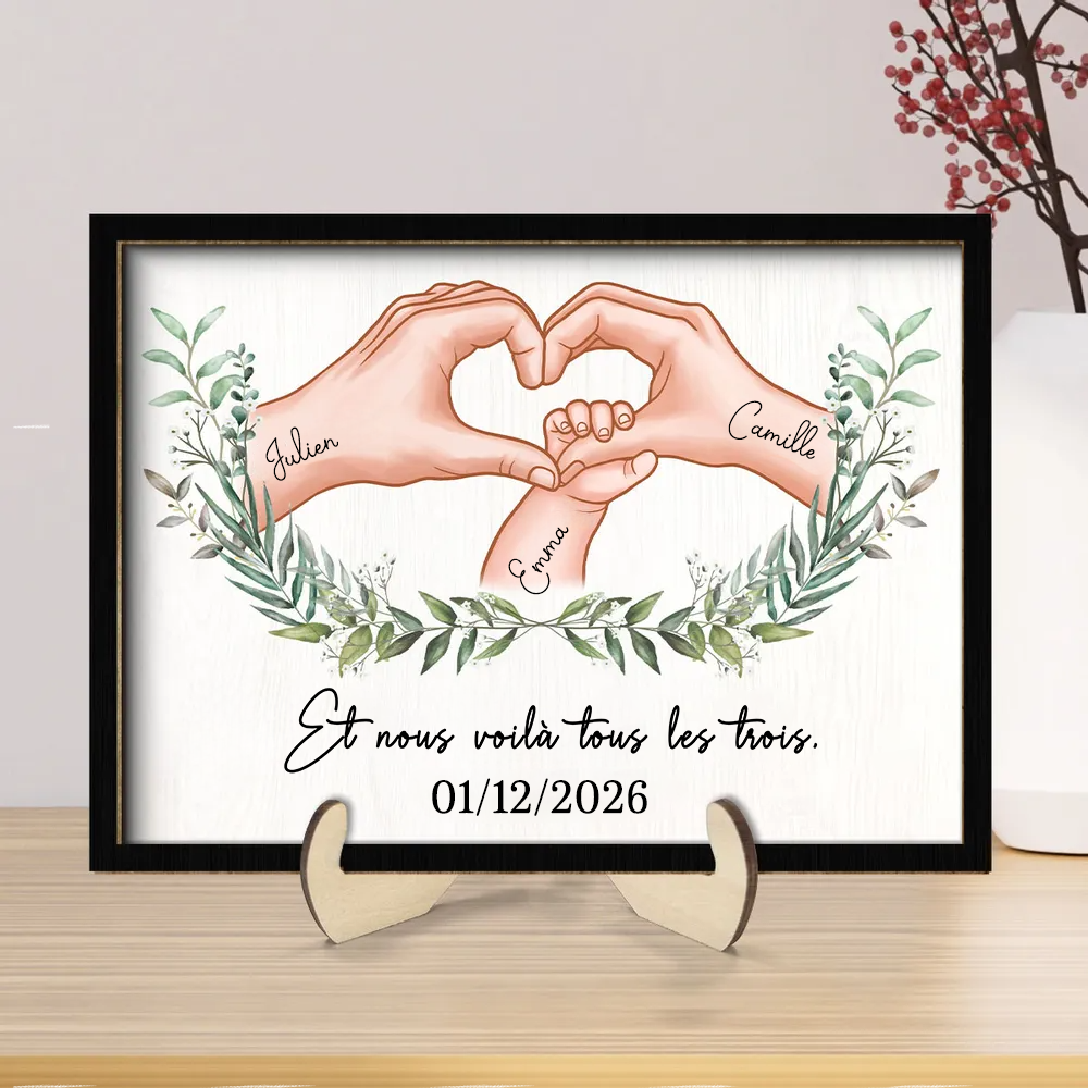 Plaque en bois personnalisée avec motif main dans la main – Cadeau pour jeune maman et jeune papa