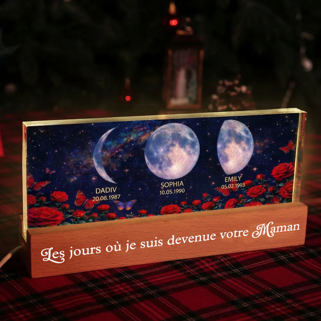 Roses et phases de lune – Veilleuse LED personnalisée avec texte et phases lunaires – Cadeau pour maman et mamie