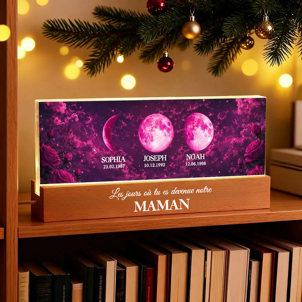 « Ces jours-là, tu es devenue notre maman » – Veilleuse LED personnalisée avec phases de lune et texte