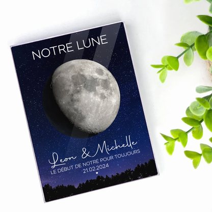 Notre lune pour les couples - Bloc acrylique personnalisé avec phase lunaire, noms et citation