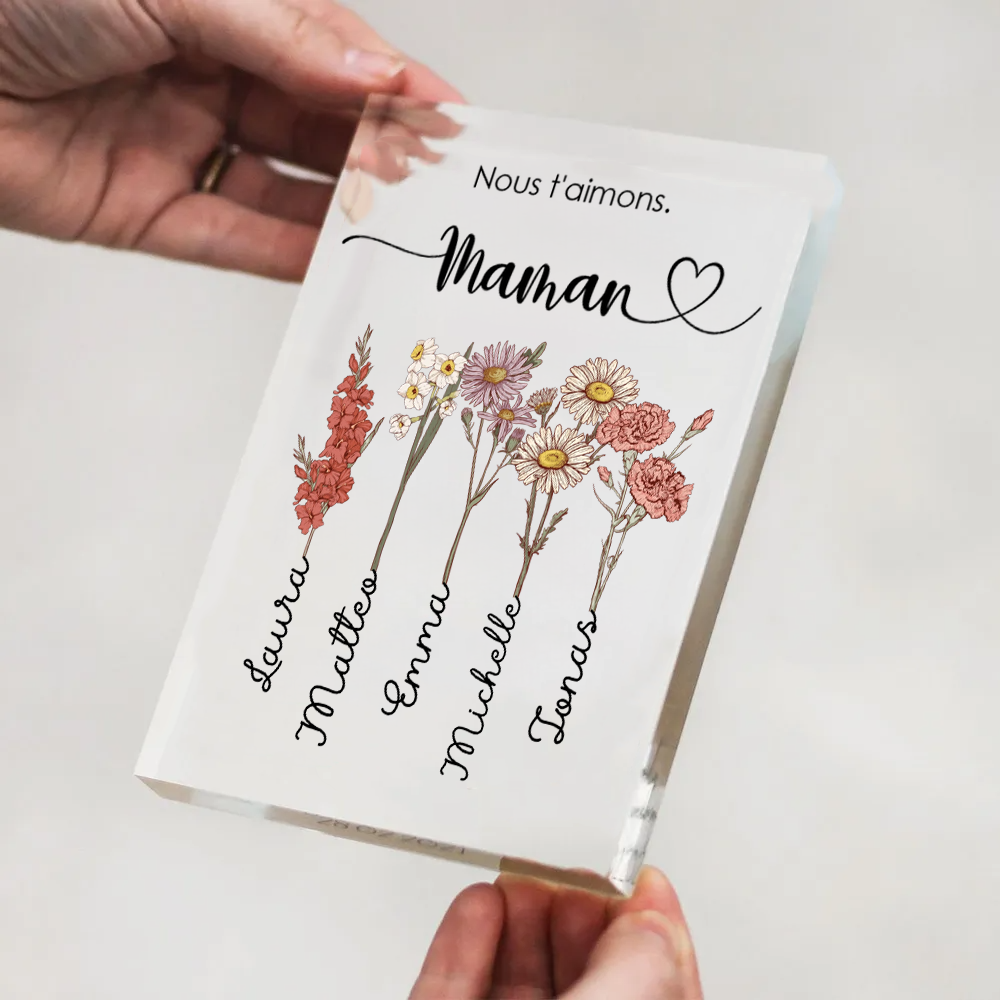 Bloc en acrylique personnalisé avec fleurs de naissance, prénoms et texte – Cadeau pour mamie et maman