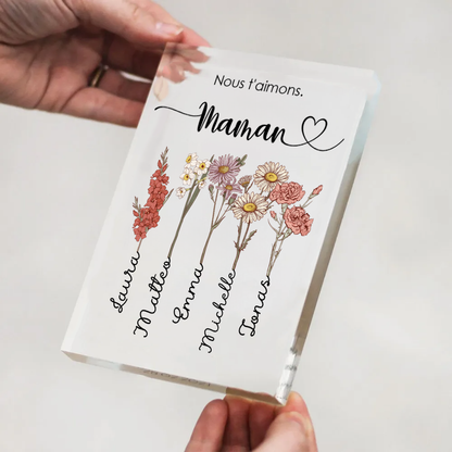 Bloc en acrylique personnalisé avec fleurs de naissance, prénoms et texte – Cadeau pour mamie et maman