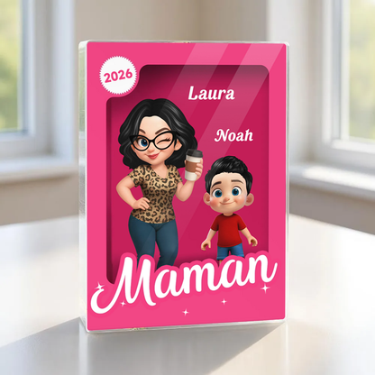 Bloc en acrylique personnalisé avec une femme et 1 à 5 enfants – Cadeau pour maman et mamie