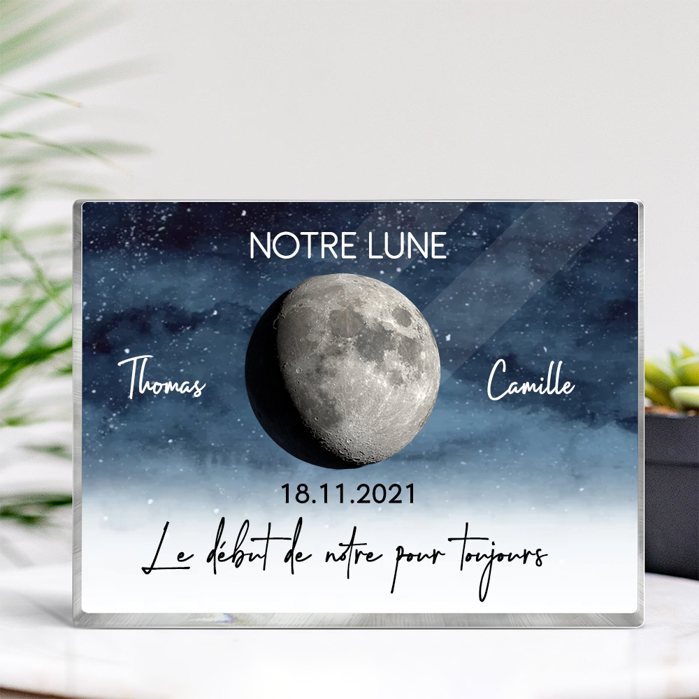 Notre Lune – Bloc en acrylique personnalisé avec phase de lune, cadeau pour couple