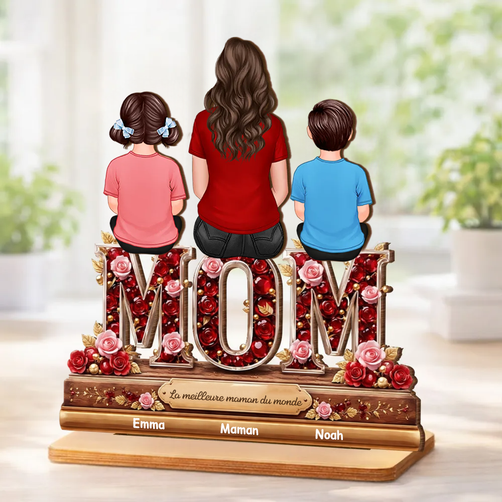 « MAMAN, MAMIE, MOM » – Présentoir en bois personnalisé avec femme et enfants