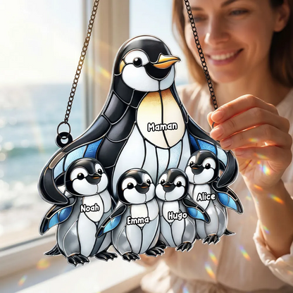 Maman / mamie pingouin avec enfants – Ornement attrape-soleil personnalisé avec prénoms
